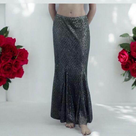 ZARA Skirt Womens S Silver Maxi Sequin Valentines Sparkle Night Club 1758 106 - Picture 1 of 10